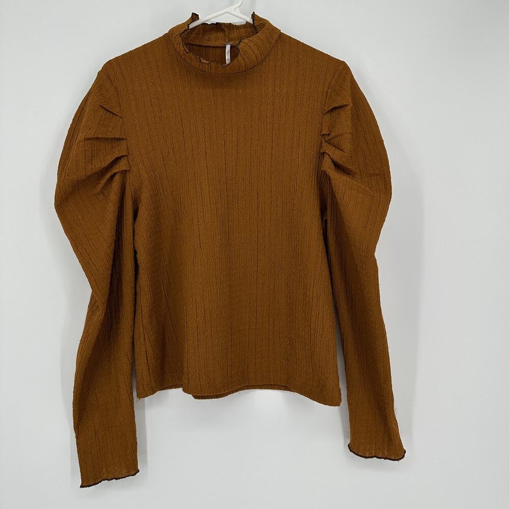 Free People Sweater Womens Large Brown Textured Puff Sleeve High Neck Boho Top - Picture 2 of 14